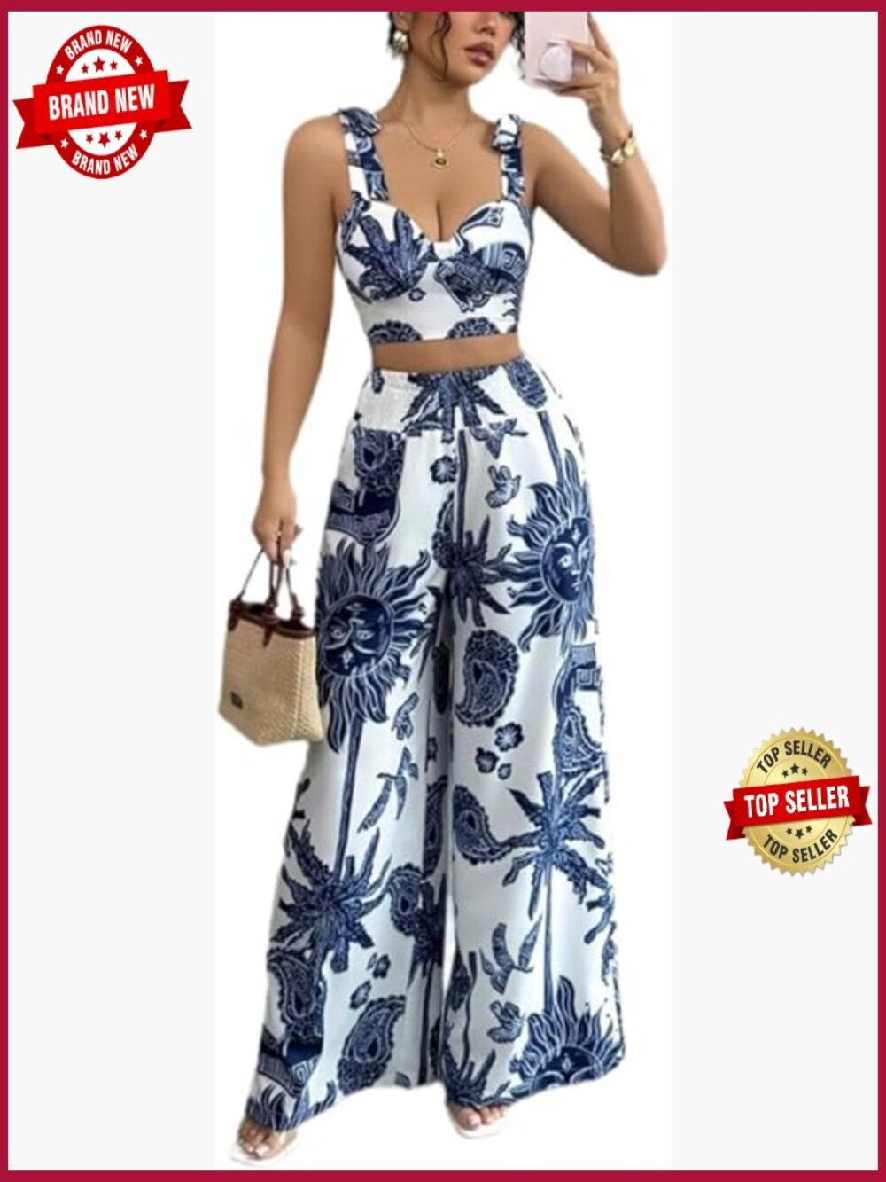 Women 2 Piece Crop Top & Wide Leg Pants Set Vacation Outfits